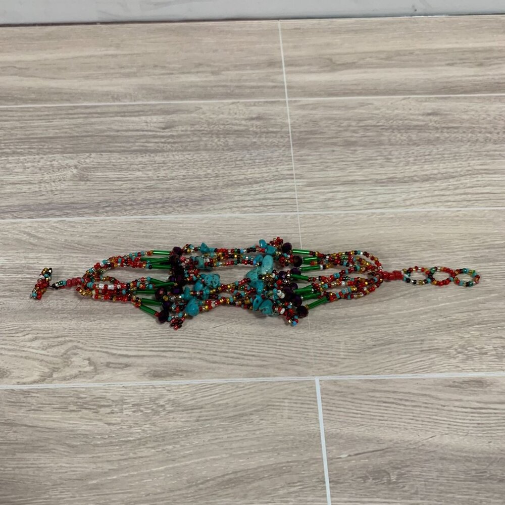 Glass Beaded Turquoise Multistrand Bracelet Beaded Toggle - Picture 8 of 11
